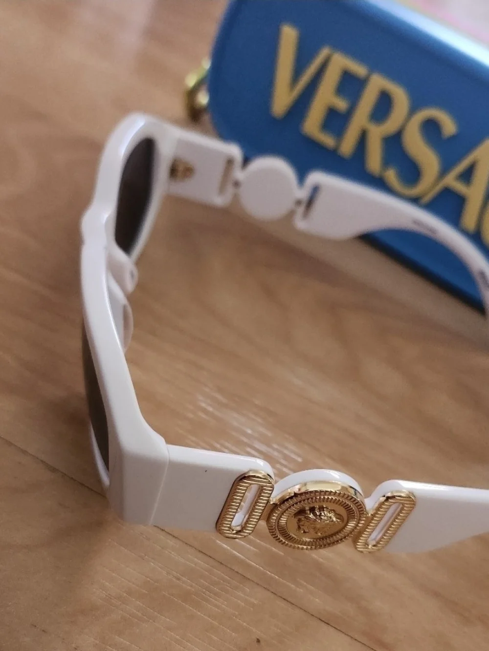 Versace Kids White Sunglasses with Blue & Pink Silicone Case and Yellow Logo